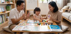 Gia đình cùng bé 4 tuổi tham gia trò chơi giáo dục đếm số và xếp khối gỗ theo phương pháp Gakken, tạo không khí học toán vui vẻ, không áp lực.