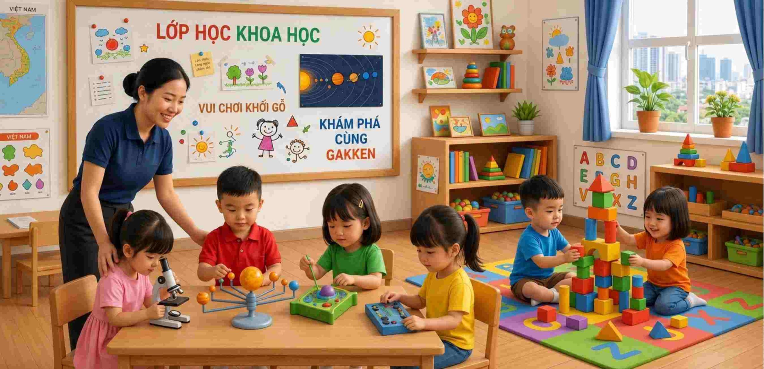 Giáo dục tư duy tại trung tâm Gakken với các hoạt động khám phá khoa học, sử dụng kính hiển vi và lắp ráp khối gỗ trực quan.