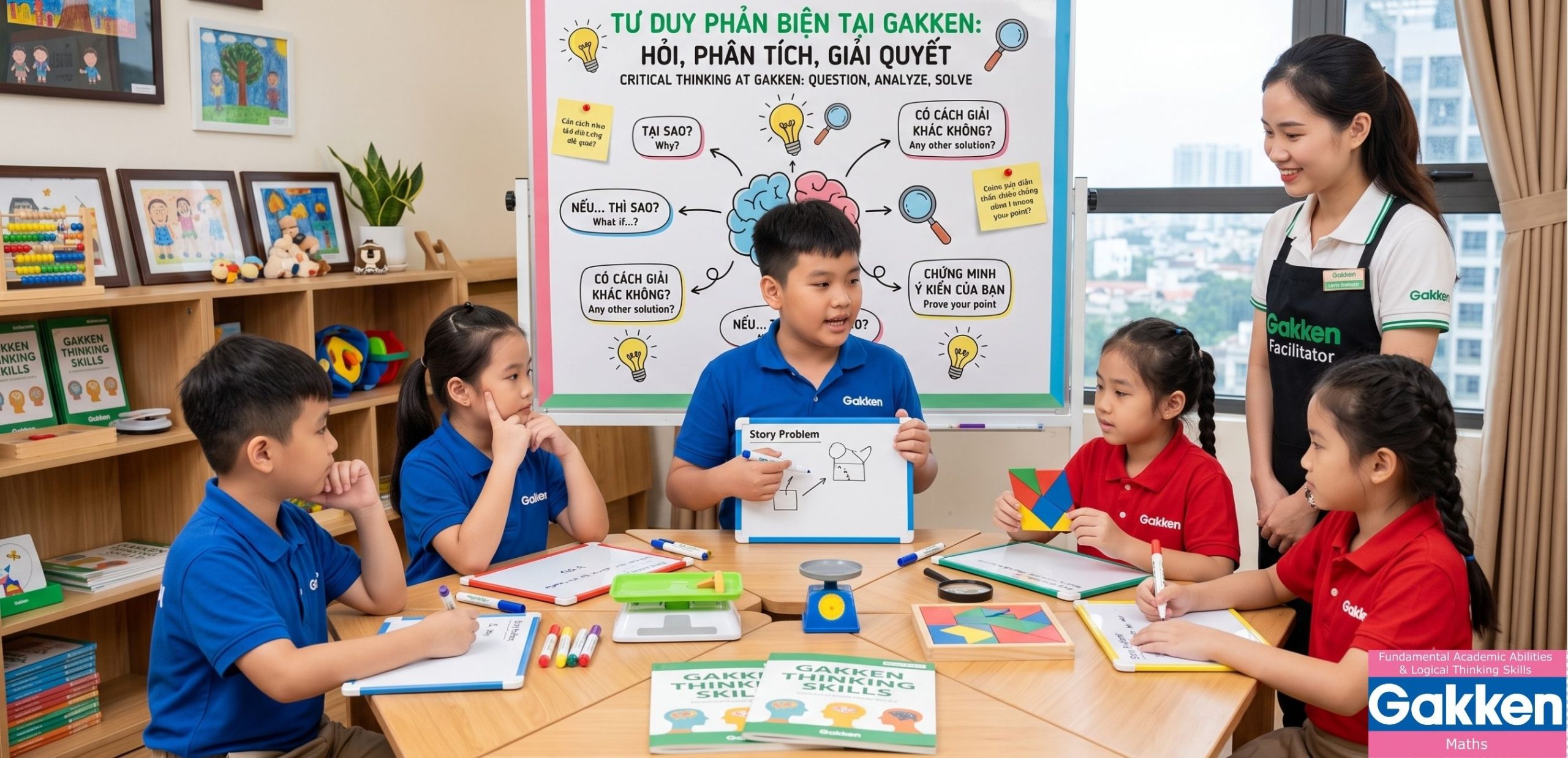 Học sinh rèn luyện tư duy phản biện thông qua việc đặt câu hỏi, phân tích và thuyết trình giải quyết vấn đề tại Gakken