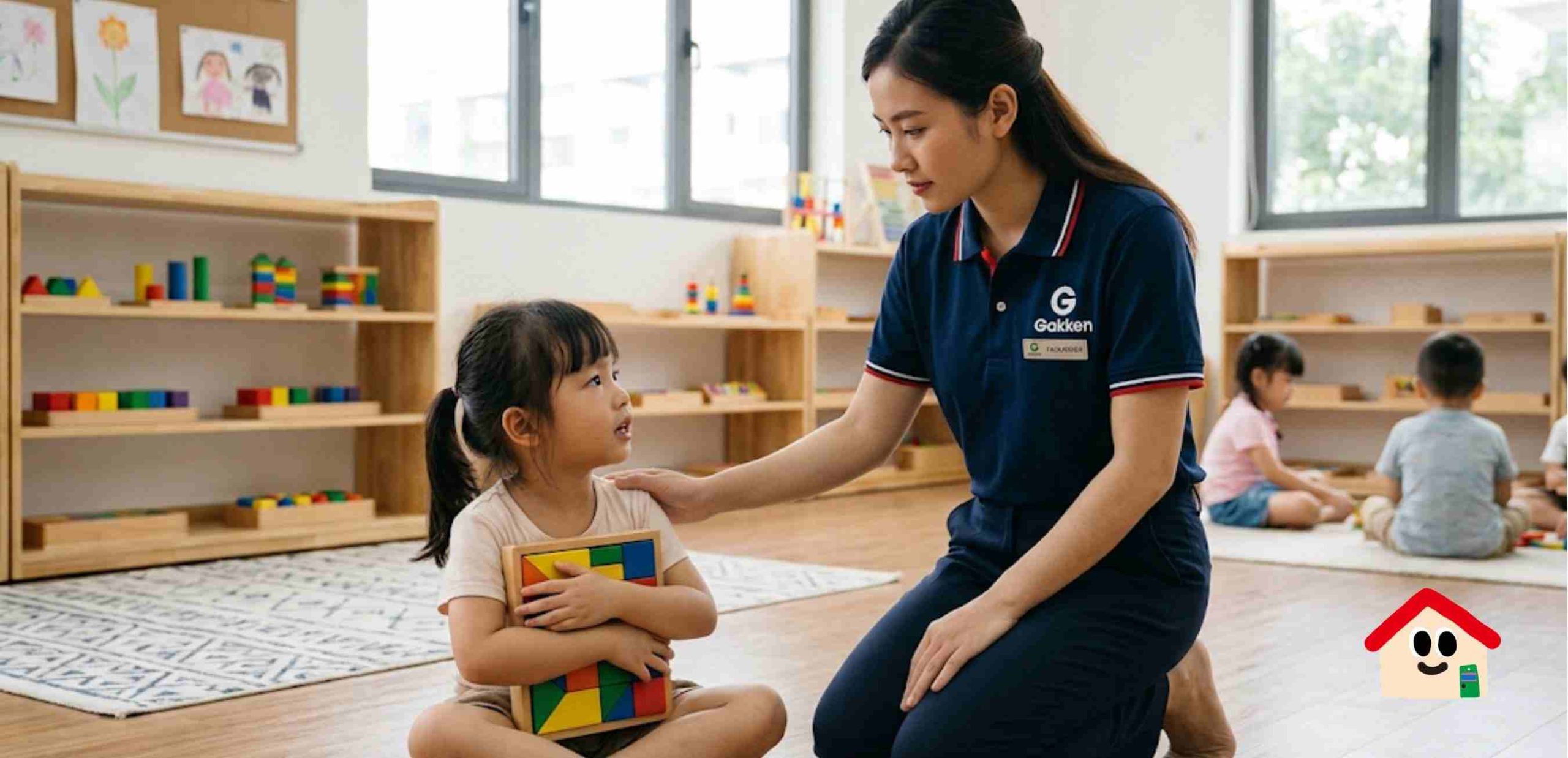 Khủng hoảng tuổi lên 3 - Một cô giáo mầm non quỳ xuống và đặt tay lên vai một bé gái đang ngồi bướng bỉnh trên sàn. Bé gái ôm chặt đồ chơi xếp hình gỗ màu sắc, thể hiện vẻ mặt đòi hỏi hoặc không hài lòng.