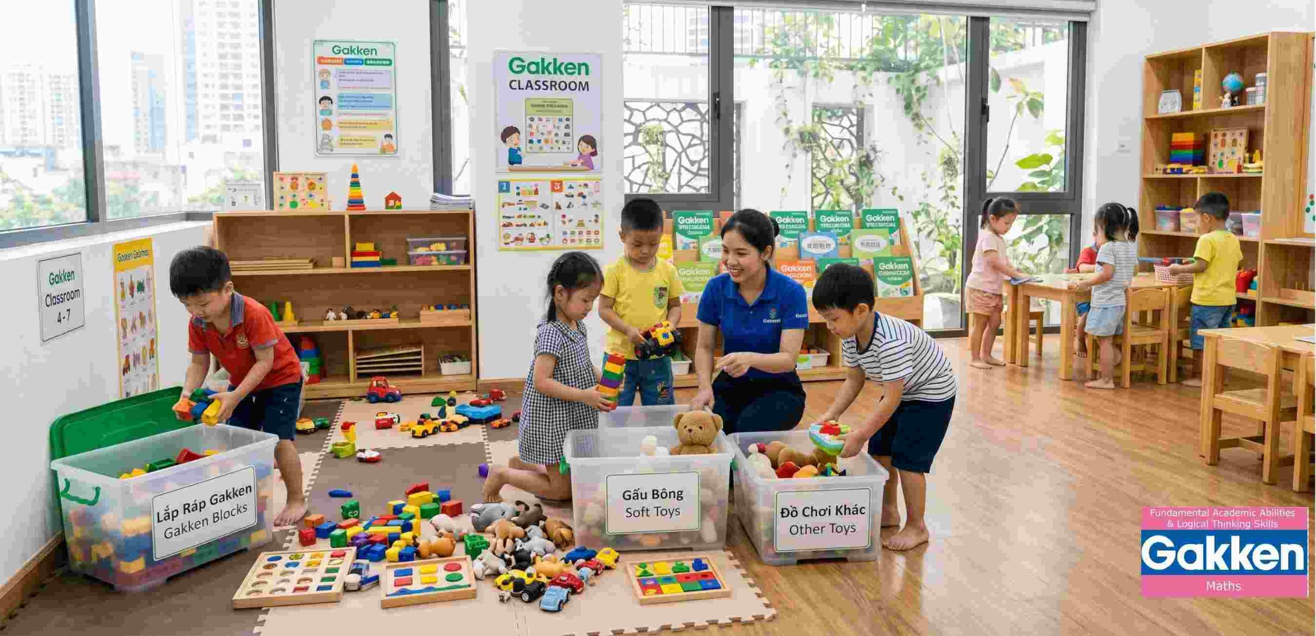 Dạy con kiểu Nhật với phương pháp Gakken, giúp trẻ tự giác phân loại và cất đồ chơi đúng vị trí, hình thành tính ngăn nắp, tinh thần trách nhiệm và kỹ năng tự lập trong môi trường giáo dục mầm non.