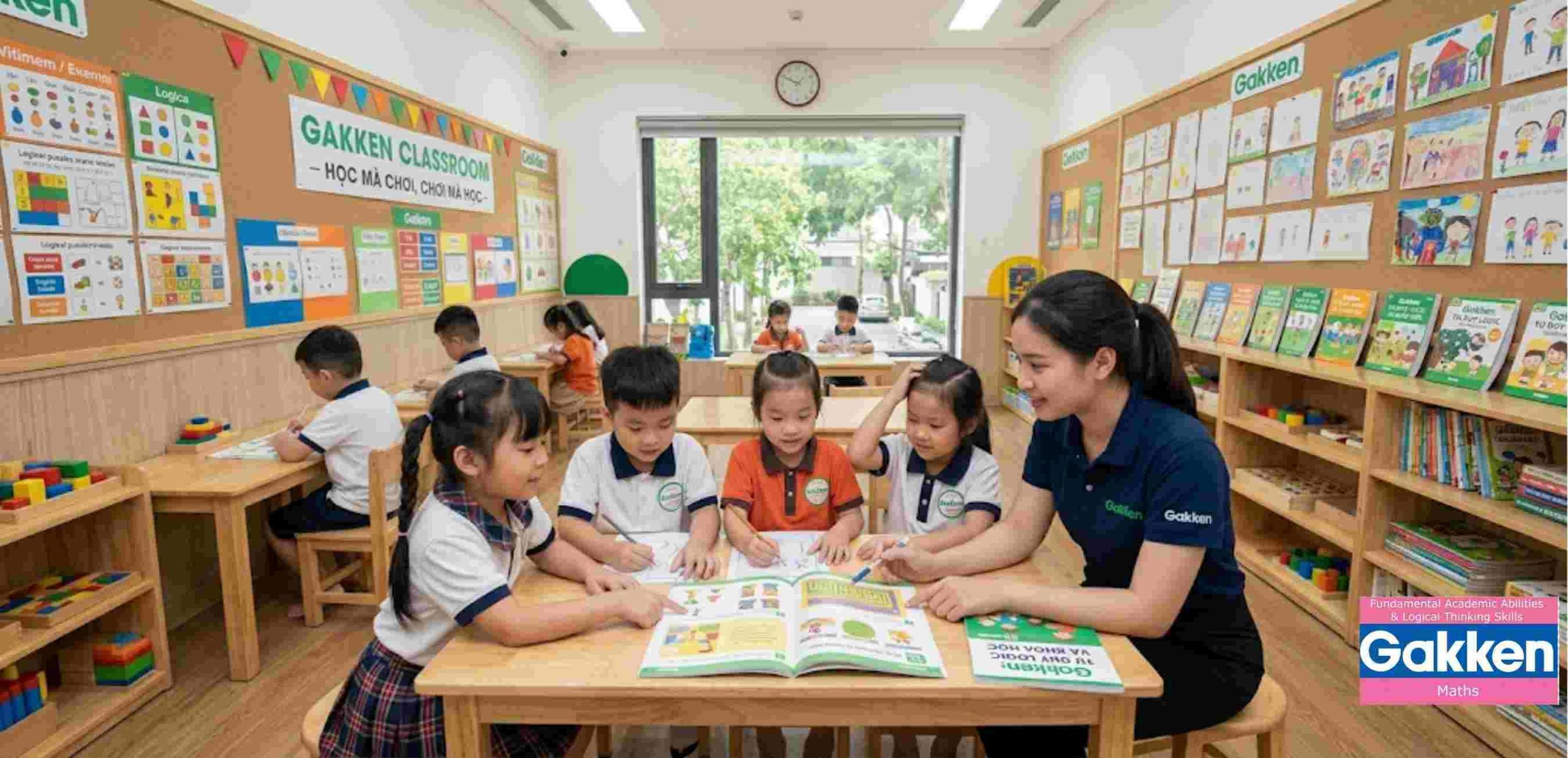 Dạy con kiểu Nhật với phương pháp Gakken trong môi trường giáo dục mầm non, nơi giáo viên hướng dẫn trẻ học theo nhóm, rèn luyện tư duy logic, kỹ năng hợp tác và khả năng tự học thông qua các hoạt động học mà chơi.