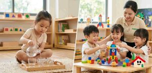 Hình ảnh so sánh phương pháp Montessori và Gakken thông qua các hoạt động thực tế. Bên trái, một bé gái tự mình rót nước trong lớp học Montessori. Bên phải, ba đứa trẻ và một giáo viên đang cùng nhau xây dựng mô hình tên lửa bằng các khối gỗ màu sắc trong lớp học Gakken.