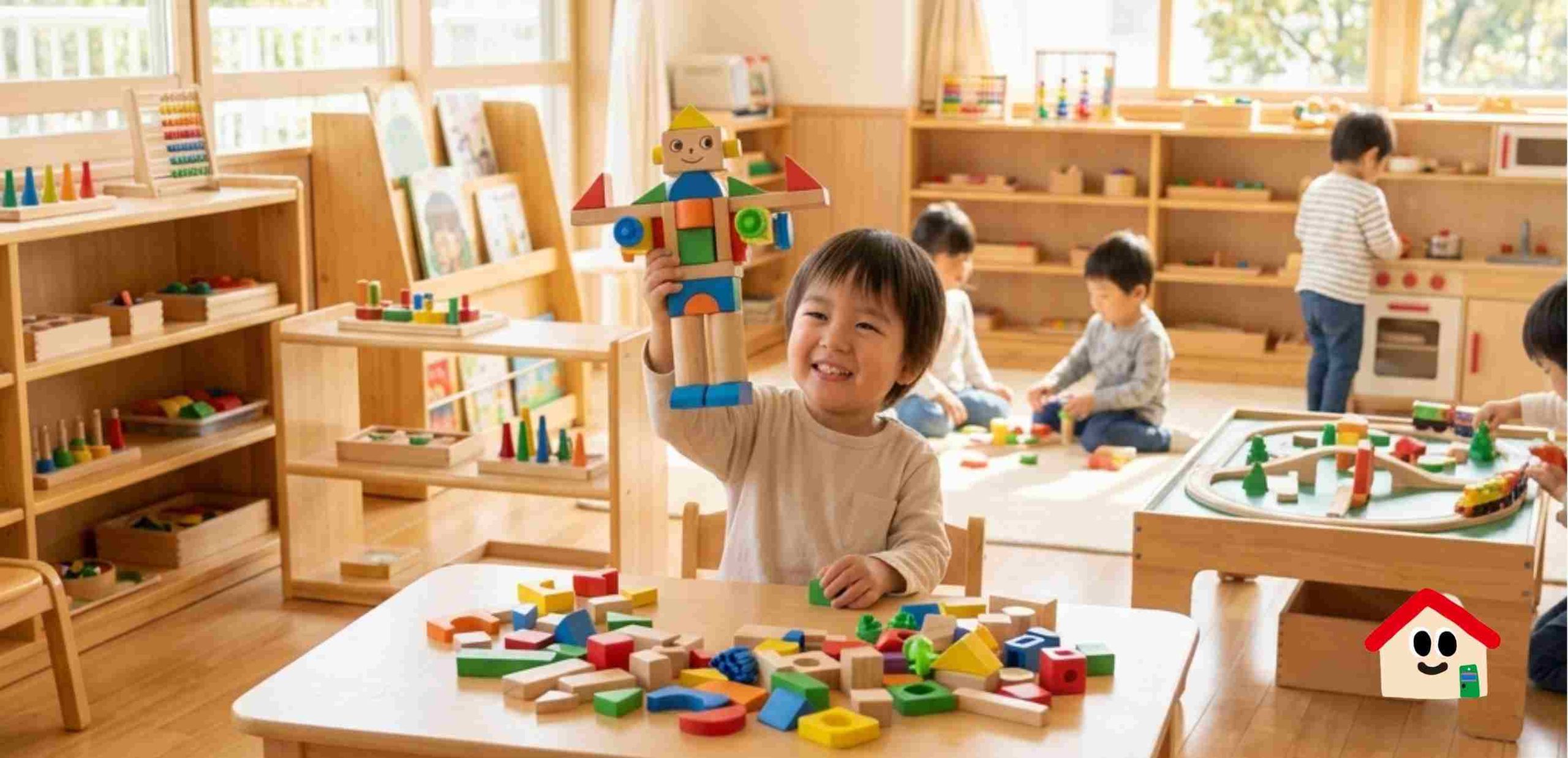 Gakken và Montessori - Bé trai mỉm cười rạng rỡ khoe mô hình robot tự lắp ráp từ các khối gỗ nhiều màu sắc trong một lớp học mầm non khang trang. 