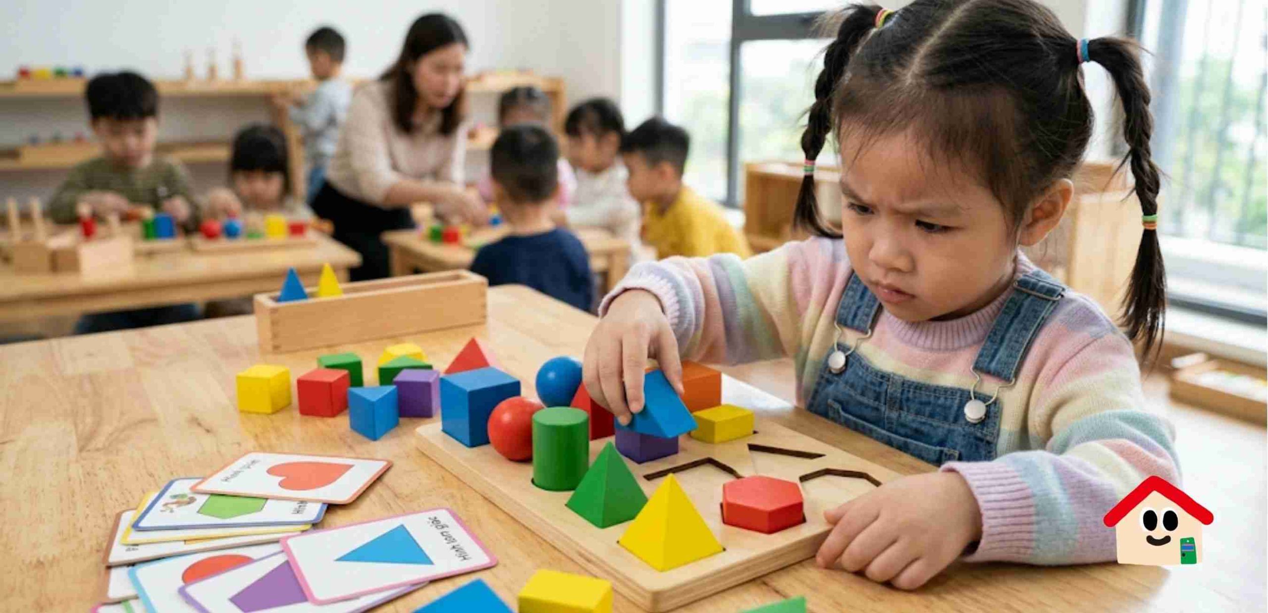 Gakken và Montessori: Đâu là bệ phóng tư duy tối ưu nhất cho bé 3-5 tuổi - Một bé gái với mái tóc tết hai bên đang ngồi tập trung cao độ trước một chiếc bàn gỗ trong lớp học mầm non. Tay phải bé đang cầm một khối hình tam giác màu xanh để đặt vào một bảng xếp hình gỗ có các lỗ hình học tương ứng.