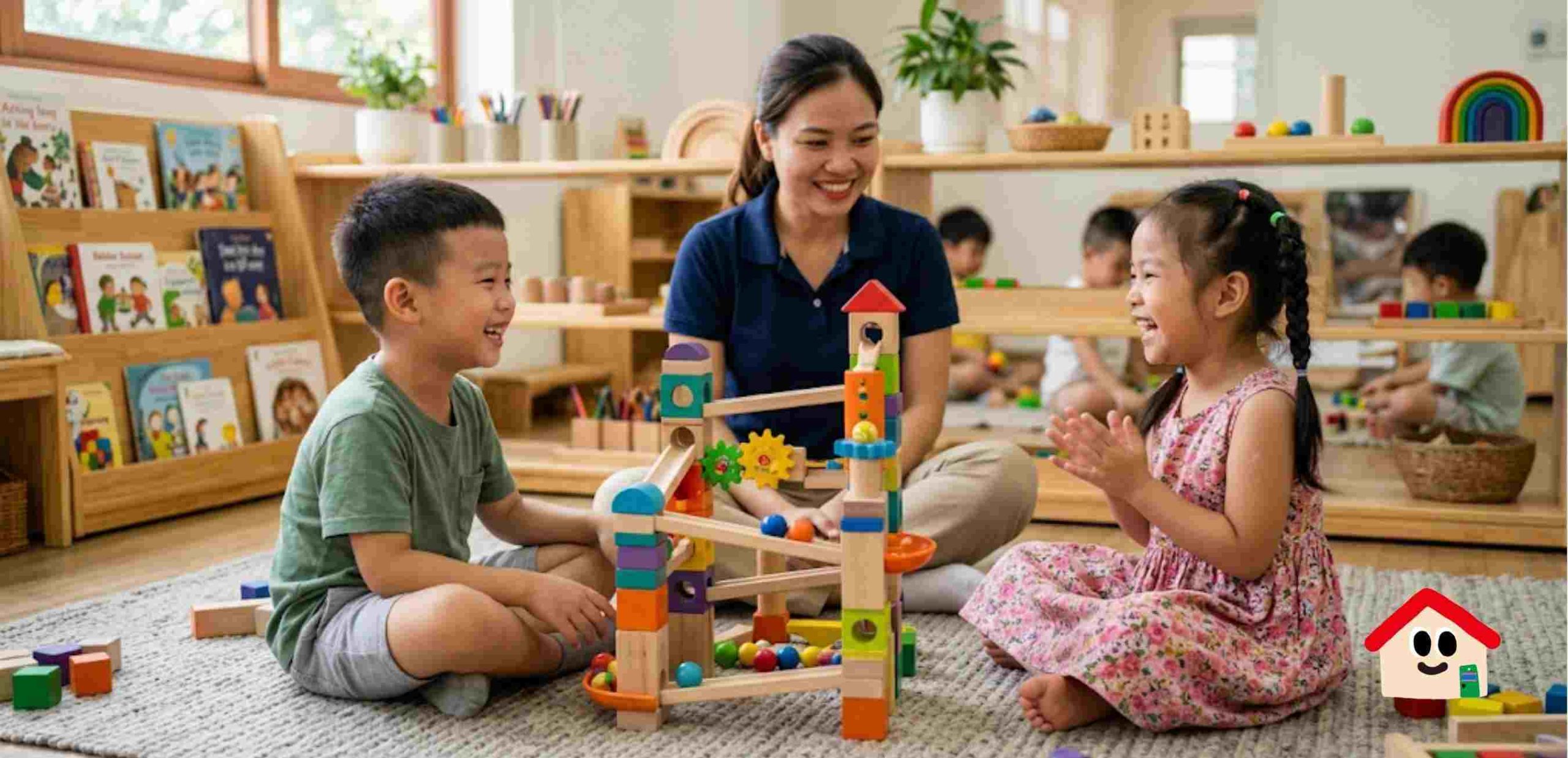 Cô giáo mầm non cùng một bé trai và một bé gái đang cười rạng rỡ khi chơi lắp ráp đường đua bi bằng gỗ trên thảm. Hình ảnh minh họa cho chủ đề Gakken và Montessori: Đâu là bệ phóng tư duy tối ưu nhất cho bé 3-5 tuổi?