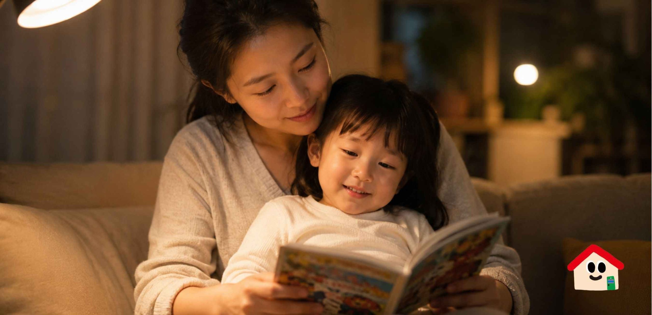 Người mẹ mỉm cười dịu dàng ôm con gái nhỏ vào lòng, cả hai cùng chăm chú đọc truyện tranh trên ghế sofa dưới ánh đèn vàng ấm áp.