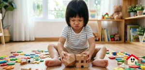 Bé khoảng 3 tuổi ngồi chơi xếp hình với các khối gỗ giữa nhiều đồ chơi, thể hiện cảm xúc bướng bỉnh trong giai đoạn khủng hoảng tuổi lên 3.