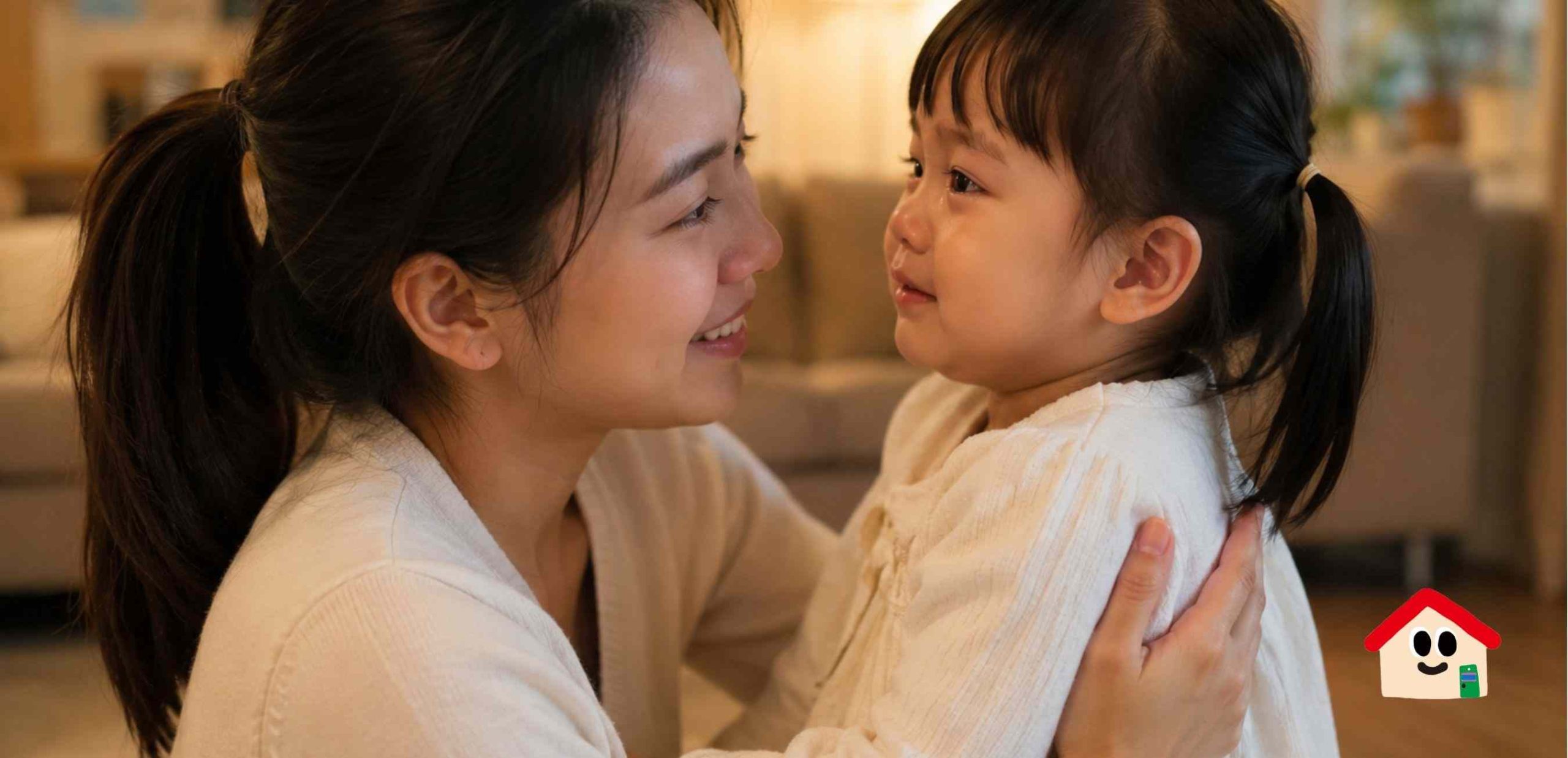 Mẹ nhẹ nhàng ôm và trò chuyện cùng con nhỏ trong giai đoạn khủng hoảng tuổi lên 3, thể hiện sự thấu hiểu, đồng hành và hỗ trợ cảm xúc của cha mẹ trong quá trình trẻ phát triển.