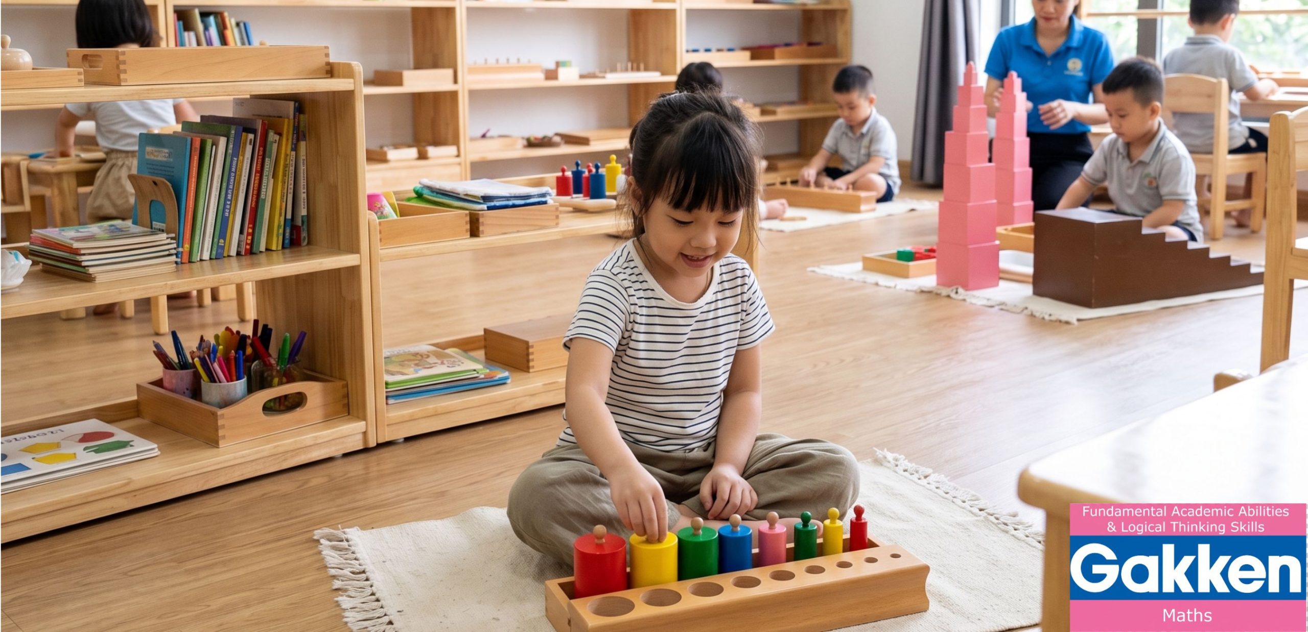 Phương pháp giáo dục trẻ 3-5 tuổi-Trẻ thực hành với học liệu trực quan trong lớp học theo phương pháp giáo dục lấy trẻ làm trung tâm, giúp phát triển tư duy logic, khả năng quan sát và kỹ năng giải quyết vấn đề.