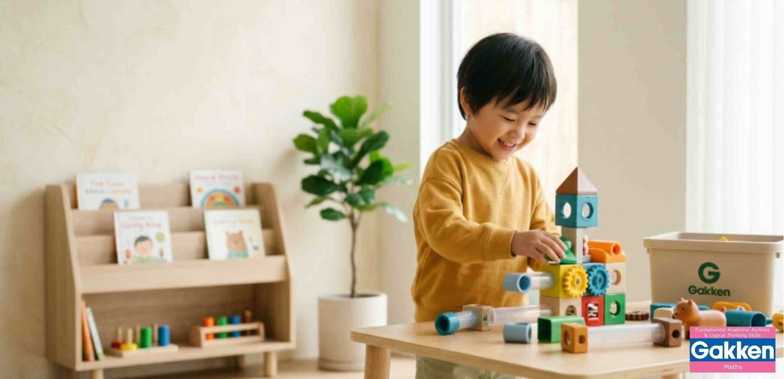 Hình ảnh một bé trai đang tập trung chơi với các khối lắp ghép nhiều màu sắc tại bàn học. Bé chủ động kết hợp các chi tiết để tạo thành mô hình, qua đó rèn luyện khả năng quan sát, tư duy không gian, phối hợp tay – mắt và giải quyết vấn đề. Hình ảnh thể hiện đồ chơi STEM cho trẻ 3-5 tuổi, ưu tiên những món đồ chơi có tính tương tác, khuyến khích trẻ tự khám phá, thử nghiệm và sáng tạo trong quá trình chơi.