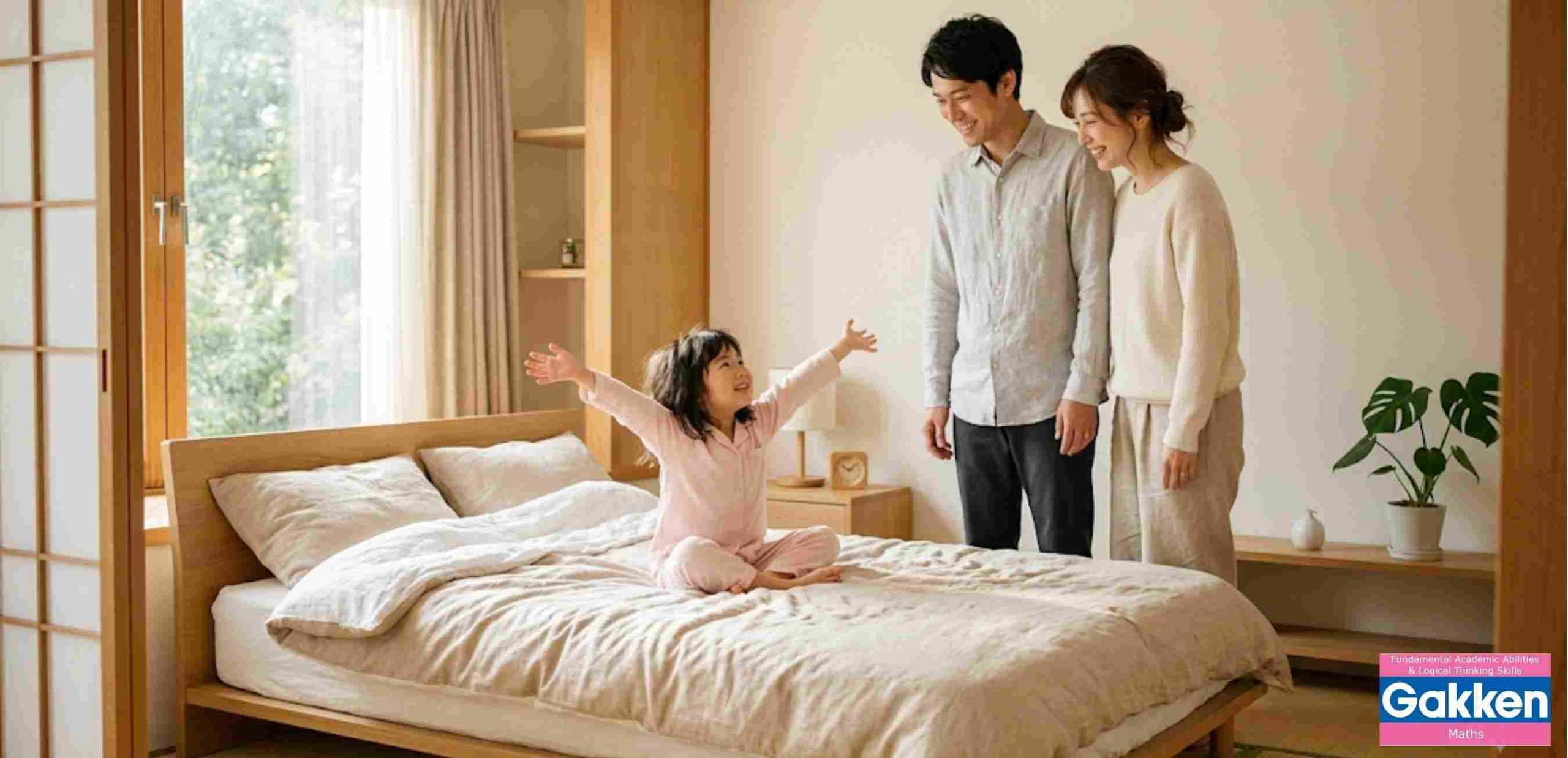 Gia đình vui vẻ cùng bé thực hiện thói quen buổi sáng trong phòng ngủ, bé ngồi trên giường dang tay trong khi bố mẹ đứng bên cạnh.