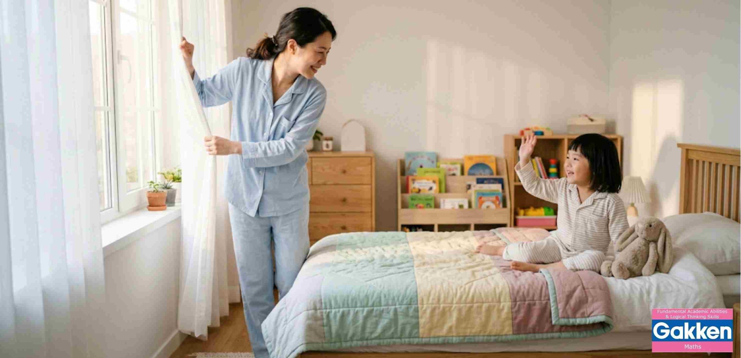 Hình ảnh thể hiện một thói quen buổi sáng tích cực và tràn đầy năng lượng trong không gian phòng ngủ gọn gàng của trẻ.