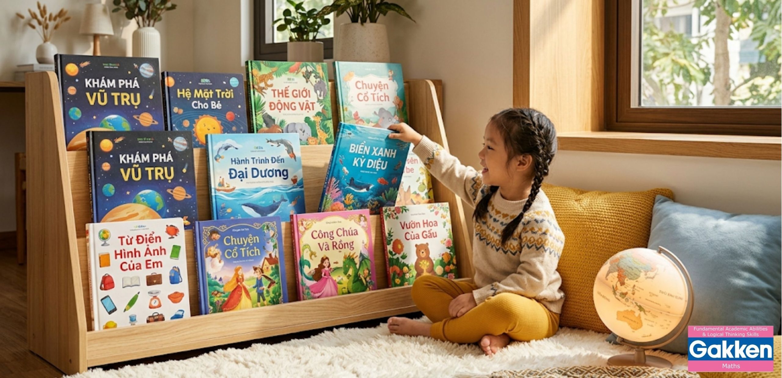 Bé gái mỉm cười rạng rỡ ngồi trên tấm thảm lông trắng bên khung cửa sổ ngập nắng, đưa tay với lấy một cuốn sách thiếu nhi màu xanh trên kệ sách bằng gỗ. Kệ gỗ trưng bày rất nhiều đầu sách rực rỡ với các chủ đề về vũ trụ, đại dương.