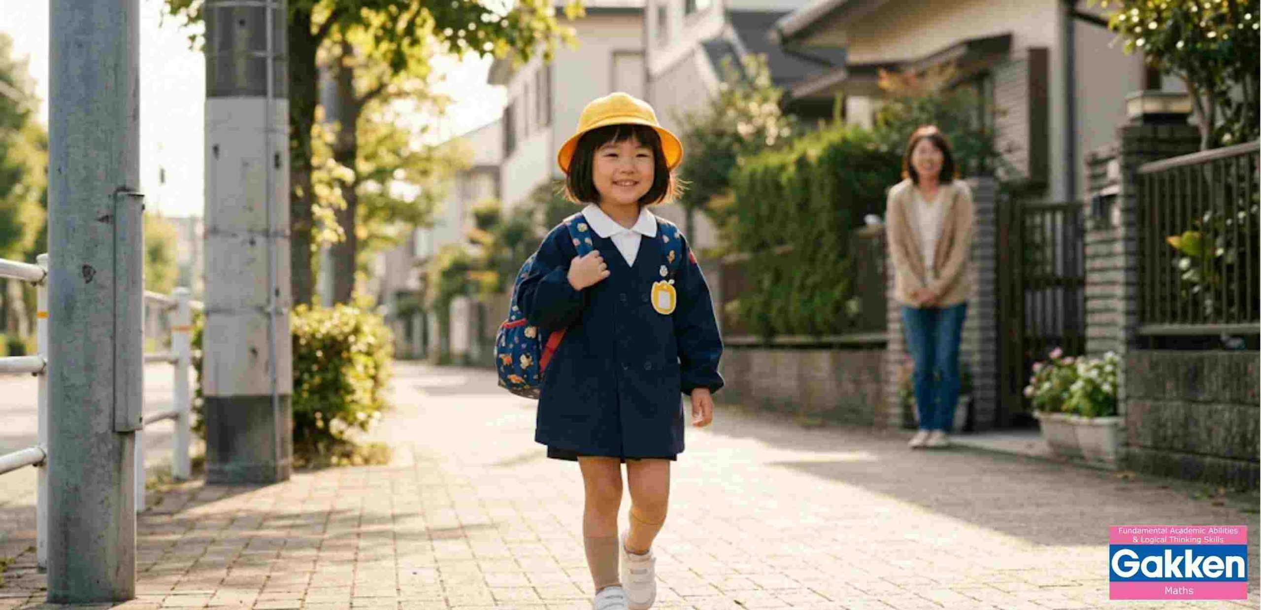 Bé gái mặc đồng phục áo khoác xanh đen, đội mũ vàng đang vui vẻ và tự tin sải bước một mình trên khu phố ngập nắng. Phía xa, người mẹ mỉm cười đứng trước cổng nhà âu yếm dõi theo con. Hình ảnh này giúp xóa bỏ lầm tưởng rằng trẻ nhỏ luôn cần người lớn dắt tay trong mọi hoàn cảnh.