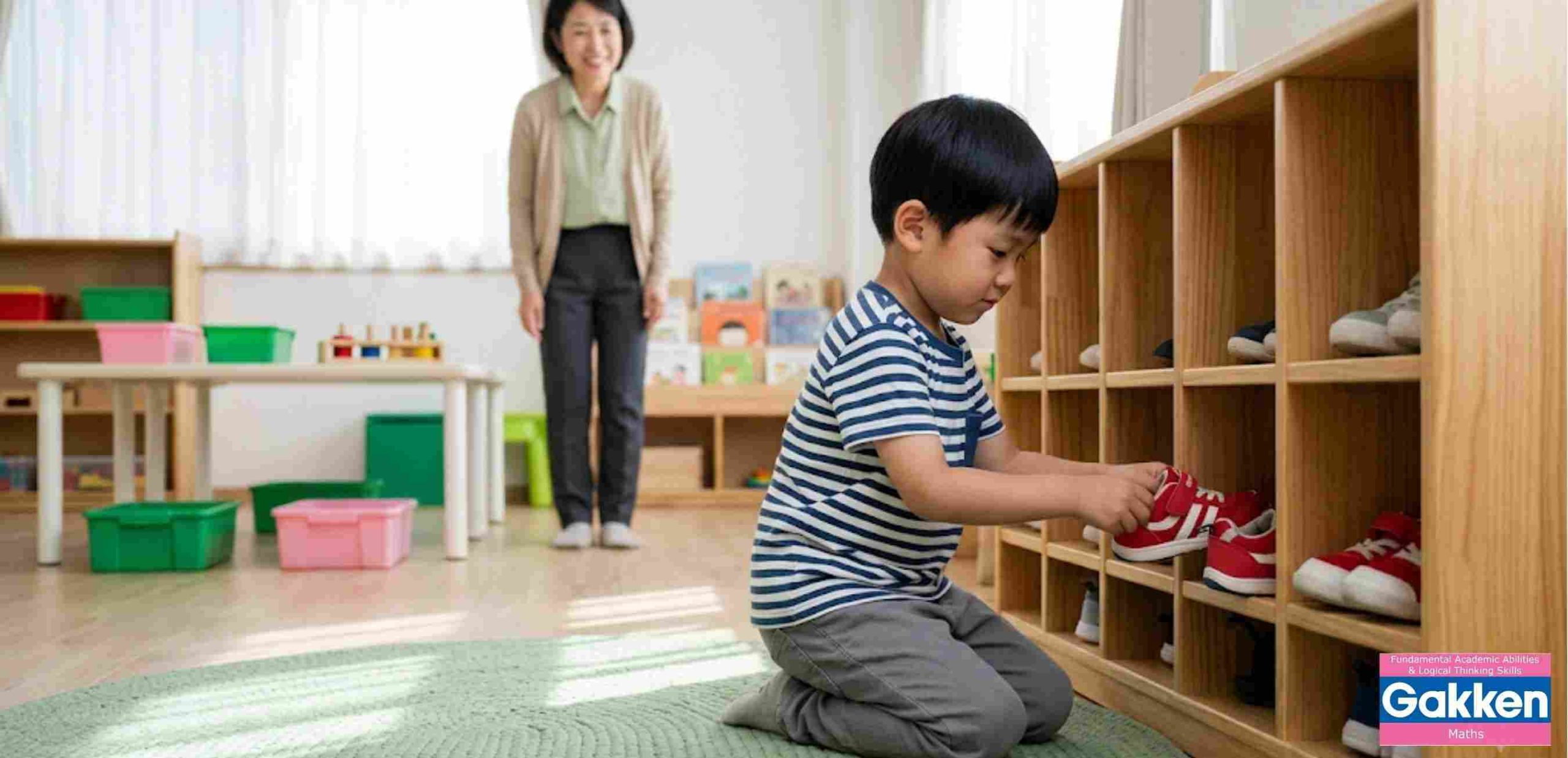 Một bé trai mặc áo thun kẻ sọc đang quỳ gối, cẩn thận tự tay cất đôi giày màu đỏ của mình vào ngăn tủ gỗ. Phía sau, cô giáo mầm non mỉm cười hiền từ đứng quan sát bé. Hình ảnh giúp xóa bỏ lầm tưởng rằng trẻ em mầm non không thể tự làm việc cá nhân.