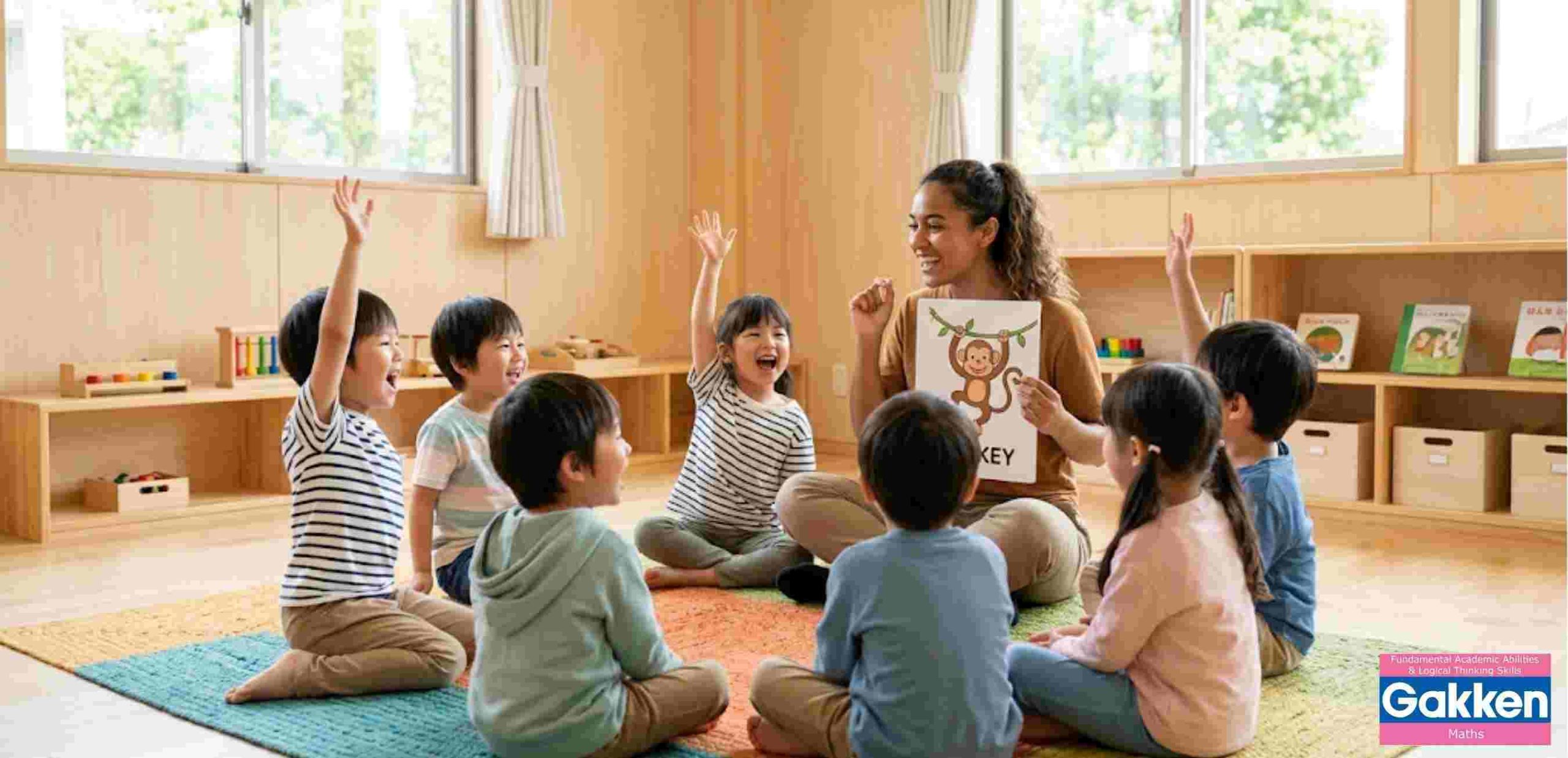 Giáo viên cùng nhóm trẻ ngồi học trong lớp, sử dụng tranh minh họa để tương tác và trả lời câu hỏi trong giờ học.