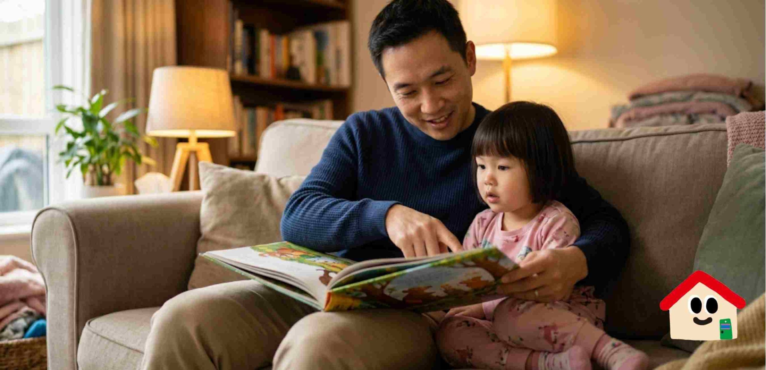 Hai cha con đang ngồi thoải mái trên ghế sofa và cùng nhau đọc sách dưới ánh đèn vàng ấm áp. Người cha mỉm cười ân cần chỉ vào trang sách tranh, trong khi cô con gái nhỏ chăm chú quan sát và lắng nghe. Hình ảnh minh họa cho các hoạt động định hướng trẻ 3 tuổi thông qua thói quen đọc sách mỗi ngày.