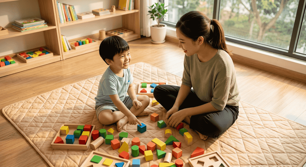 Người mẹ và bé trai đang vui vẻ ngồi trên thảm cùng chơi với các khối xếp hình bằng gỗ nhiều màu sắc. Cậu bé cười rạng rỡ chỉ tay vào một khối gỗ trong sự cổ vũ của mẹ. Hình ảnh minh họa cho phương pháp định hướng trẻ 3 tuổi thông qua các hoạt động vừa học vừa chơi.